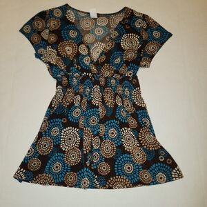 VTG Y2K V-Neck Brown Teal Blue Cream Babydoll Short Sleeve Tunic Medium M EUC